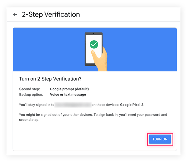 L’étape finale consiste à confirmer la vérification en deux étapes avec le bouton Activer.
