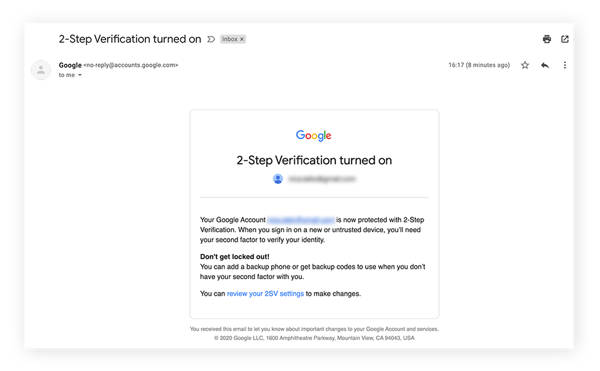 Enfin, Google vous envoie un e-mail pour vous confirmer que vous avez bien activé l’authentification à deux facteurs.