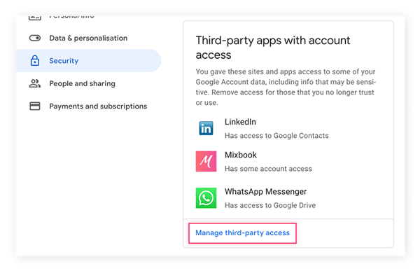 Zoek in uw beveiligingsinstellingen naar de lijst met apps van derden die toegang hebben tot uw account.