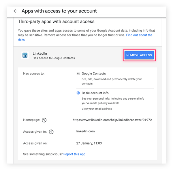 Select an app in order to revoke its access to your email account.