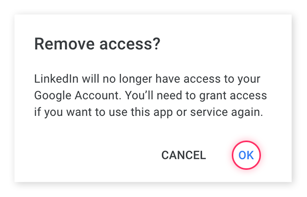 Confirm that you want to remove a third-party app's access by clicking "ok".