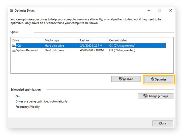Defragmenting PC Windows 10