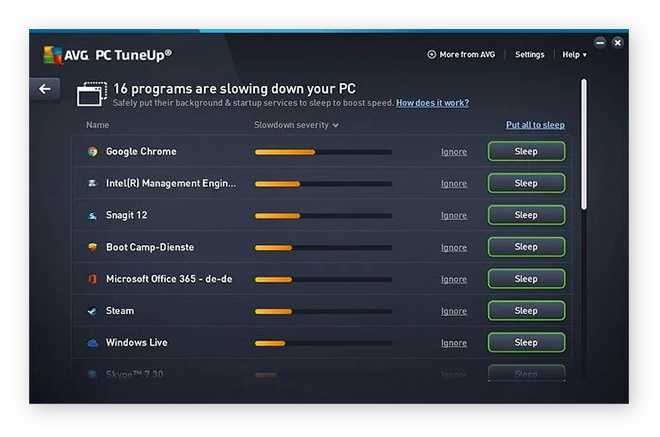 Menu du Mode veille dans PC TuneUp