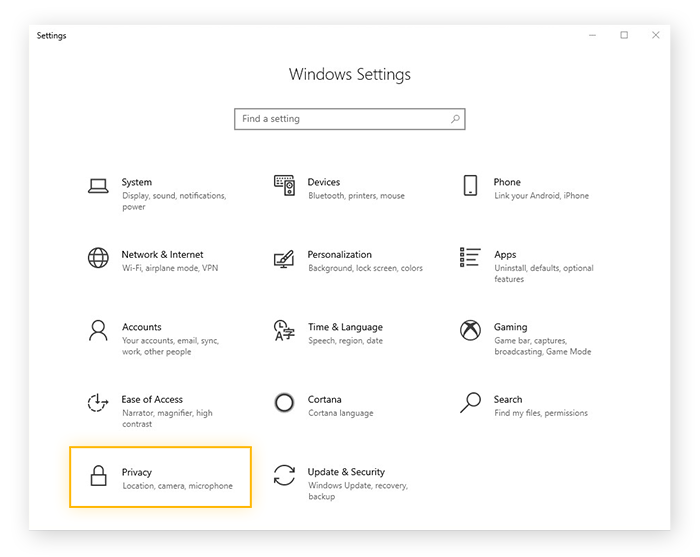 Apertura de las opciones de Privacidad desde el menú Configuración de Windows 10