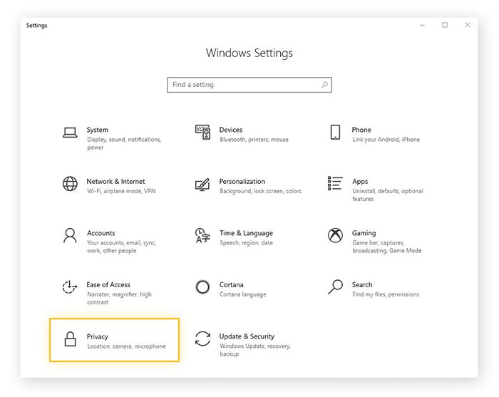 Ouverture des paramètres de confidentialité dans le menu des paramètres de Windows 10