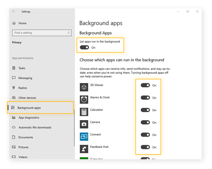 Die Einstellungen für Hintergrund-Apps im Menü ‚Einstellungen‘ von Windows 10