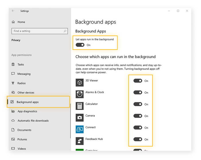 Paramètres des applications en arrière-plan dans le menu des paramètres de Windows 10