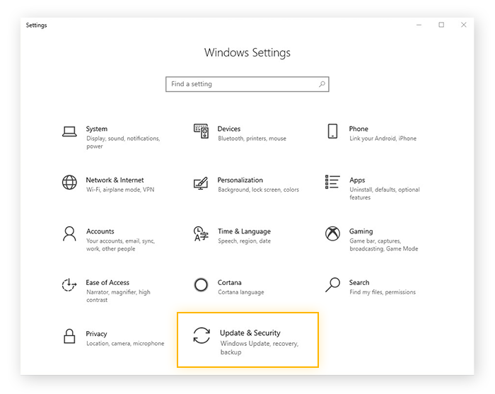 De instelling Bijwerken en beveiliging openen via het menu Instellingen in Windows 10
