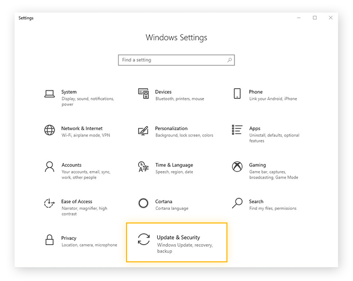Paramètres Mise à jour et sécurité dans le menu des paramètres de Windows 10
