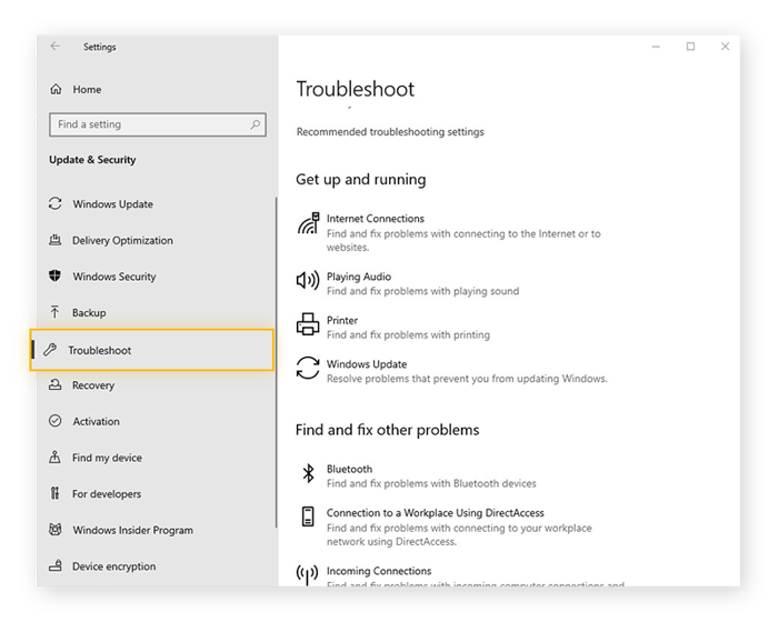 Utilitaires de résolution des problèmes dans les paramètres de Windows 10