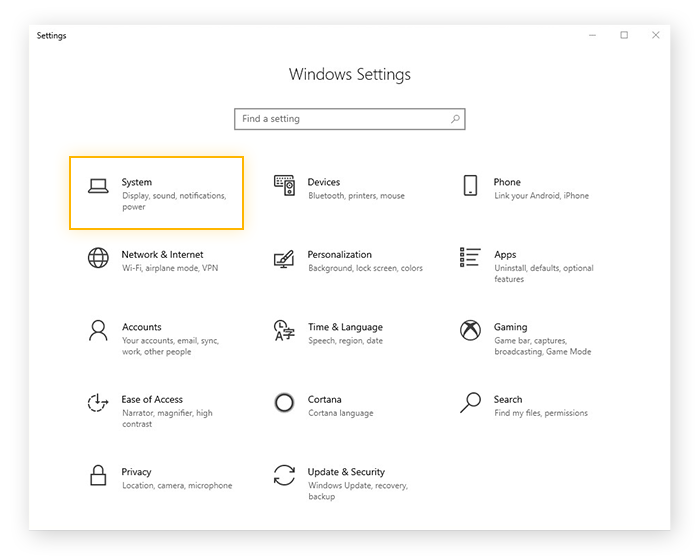Apertura de las opciones de Sistema en el menú Configuración de Windows 10