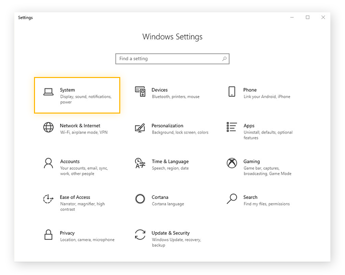 Paramètres Système dans le menu des paramètres de Windows 10