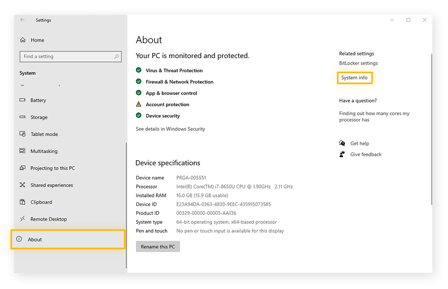 Suchen der Einstellungen ‚Systeminformationen‘ in den Einstellungen ‚Informationen‘ in Windows 10