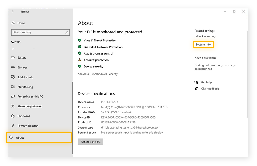 Recherche des paramètres d’informations système dans les paramètres de Windows 10