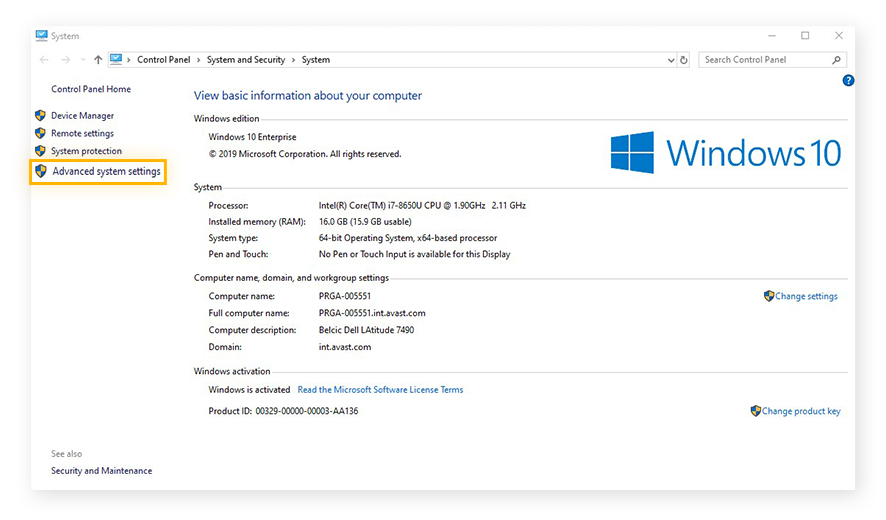 Ouverture des paramètres système avancés dans le menu des paramètres système de Windows 10