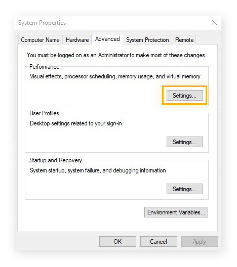 Abrir as configurações de desempenho na guia Avançado nas propriedades do sistema no Windows 10