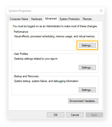 Ouverture des paramètres des performances dans l’onglet Avancé des informations système de Windows 10