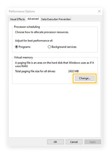 Öffnen der Einstellungen für den virtuellen Speicher aus der Registerkarte ‚Erweitert‘ der Leistungsoptionen unter Windows 10