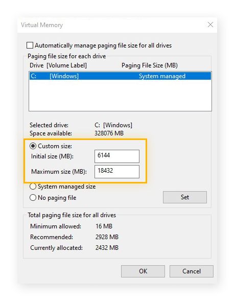 Establecimiento de un tamaño personalizado para la memoria virtual en Windows 10