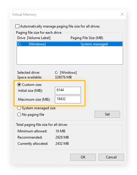 Définition de la taille personnalisée de la mémoire virtuelle dans Windows 10
