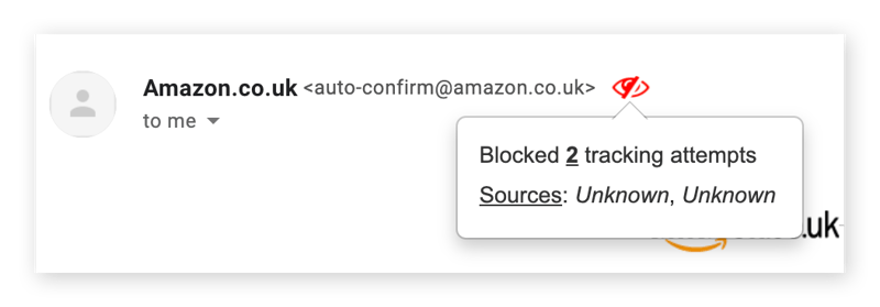 Screenshot che mostra il simbolo di occhio rosso di PixelBlock accanto a un indirizzo email