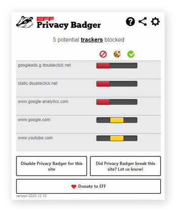Captura de la interfaz de usuario de la extensión Privacy Badger para Chrome