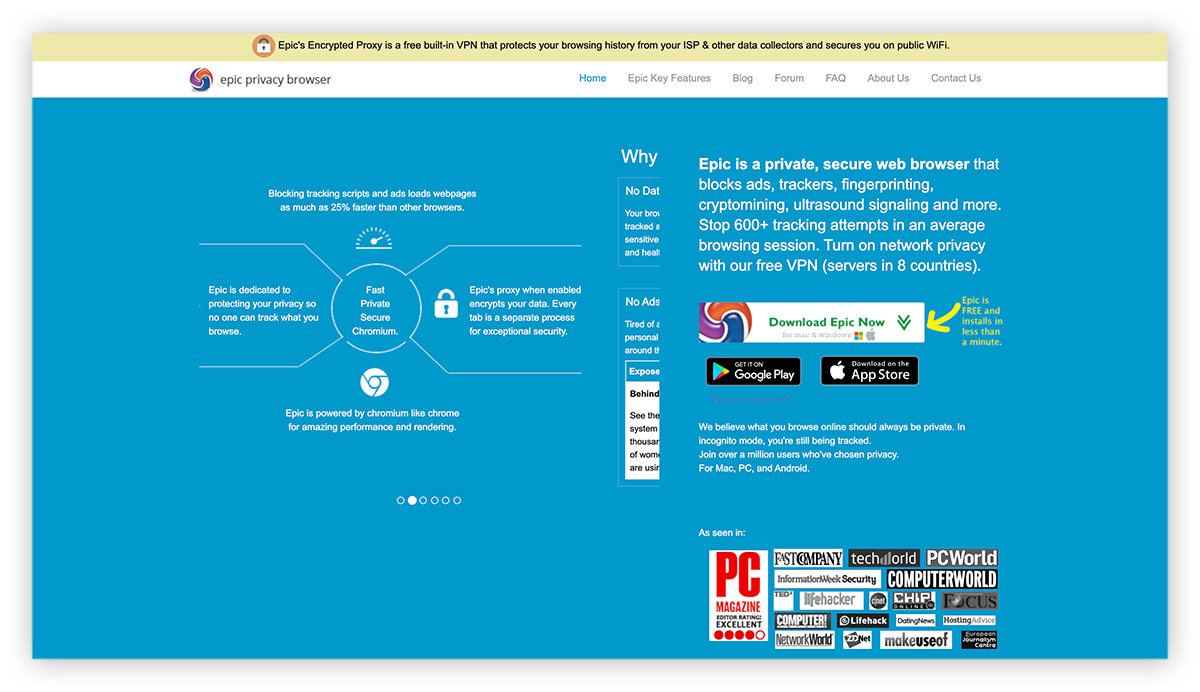 Una captura de pantalla de la página principal de Epic Browser