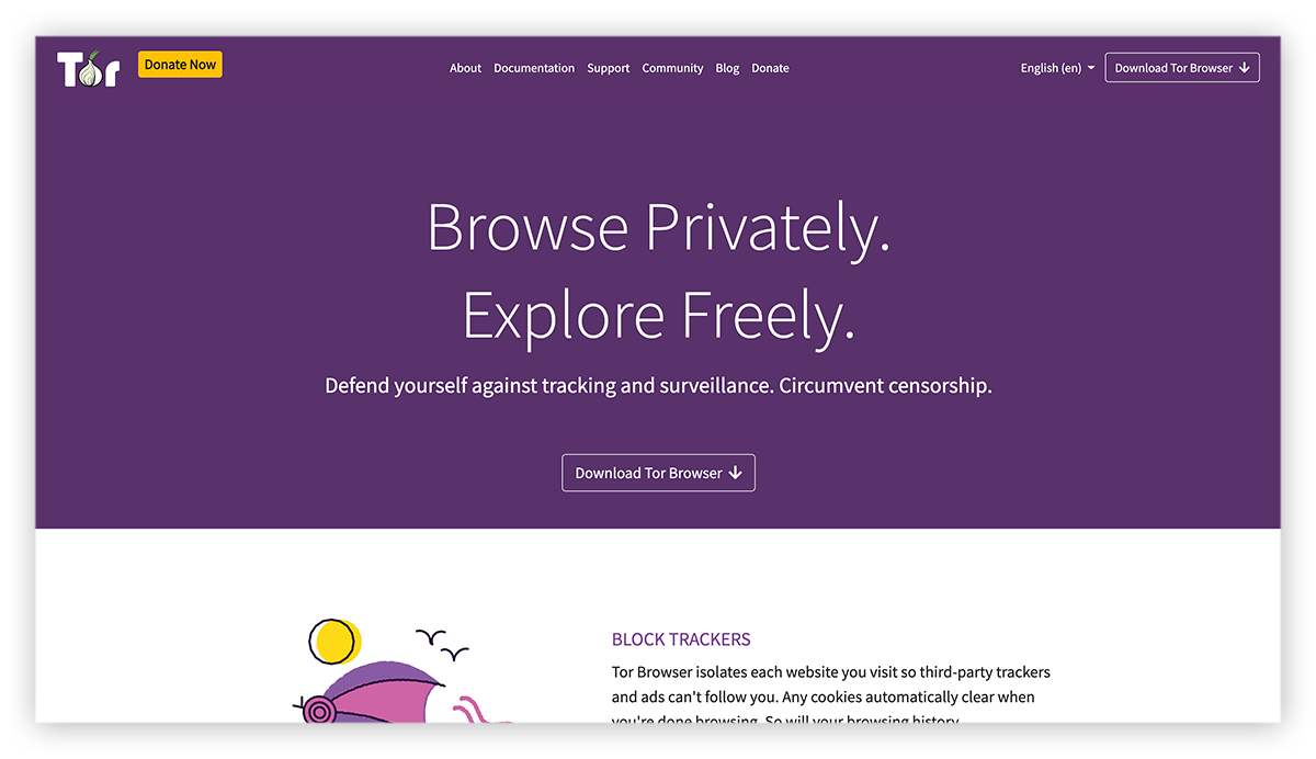 Een schermafbeelding van de beginpagina van Tor Browser.