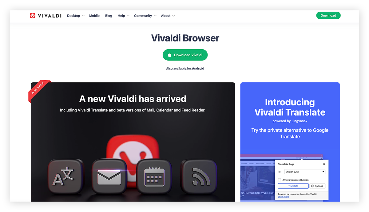Screenshot della home page del browser Vivaldi