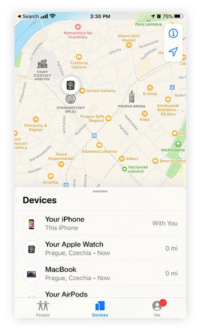 Screenshot dell'app Trova il mio iPhone che consente di individuare l'iPhone, l'Apple Watch, il MacBook o gli AirPods in caso di smarrimento o furto.