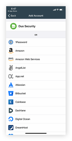 Schermafbeelding van Duo Mobile app met een lijst van alle apps die beschermd zijn door hun app lock functie.