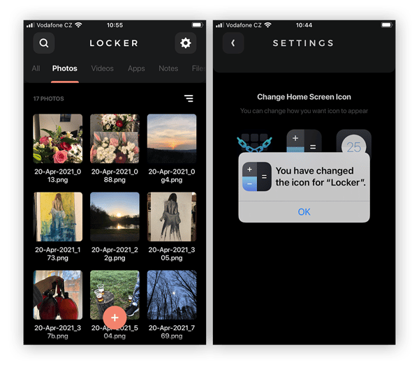 Capturas de pantalla de la aplicación Locker, que bloquea aplicaciones, fotos y vídeos.