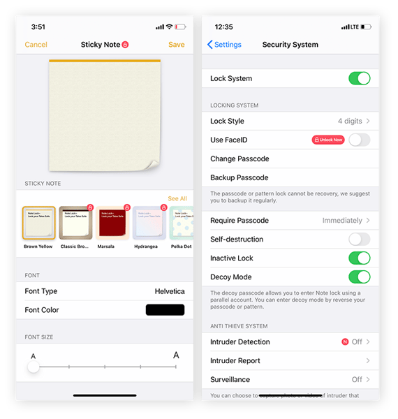 Screenshots from Note Lock showing security system settings and the different formats for private notes.