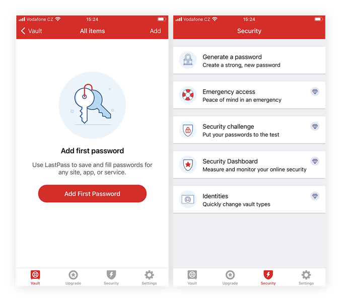 Capturas de tela do aplicativo LastPass mostrando a fácil configuração do usuário e várias opções de segurança.