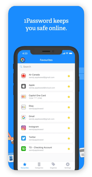 Captura de tela do aplicativo 1Password que mostra como é fácil armazenar senhas para todos os seus aplicativos, incluindo aplicativos de banco, mídia social e e-mail.
