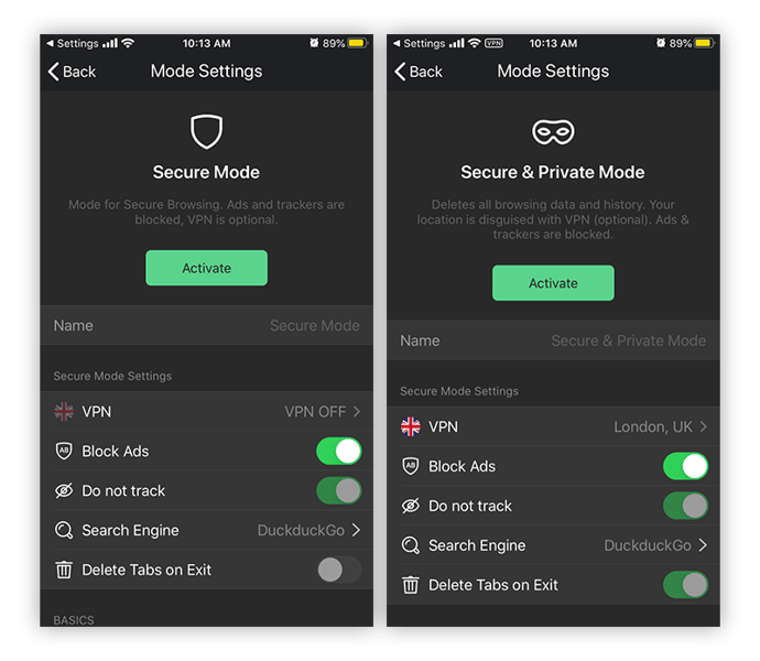 Capturas de tela do Avast Secure Browser mostrando várias opções de configuração, como Bloqueador de anúncios, Do not track e VPN habilitada.
