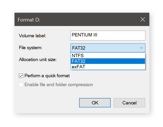 Selecting a file system before reformatting the drive