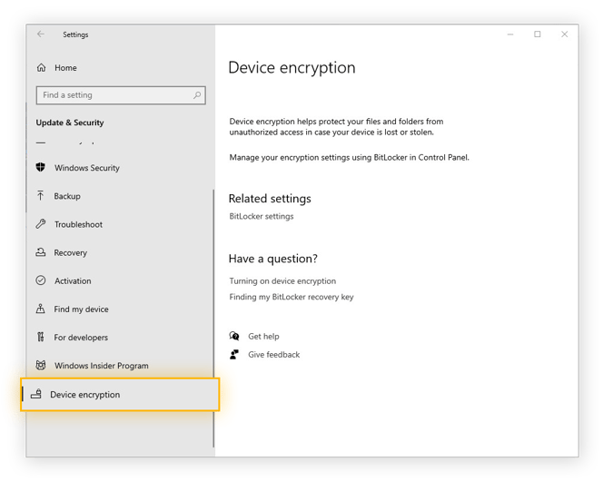 Activating full-disk encryption in the Settings of Windows 10