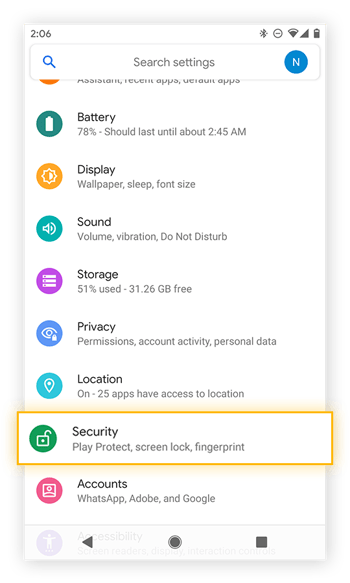 Opening the Security settings in Android 10 on a Google Pixel 2