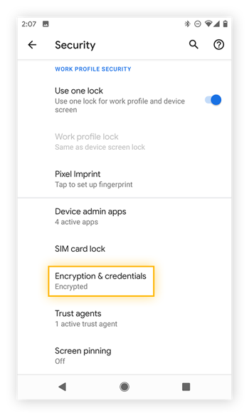 Opening the Encryption & credentials settings from the Security settings of Android 10 on a Google Pixel 2