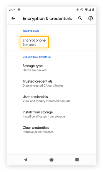 The Encryption & credentials settings in Android 10 on a Google Pixel 2