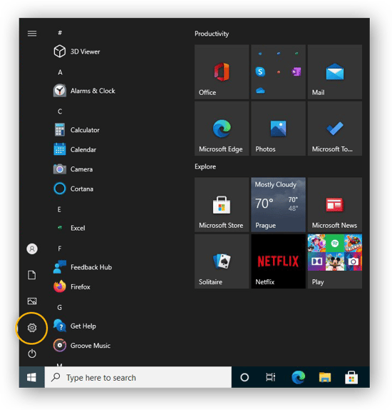 Opening the settings from the Start menu in Windows 10