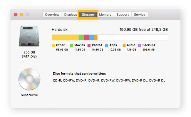 Captura de pantalla de la pestaña Almacenamiento en la ventana Acerca de este Mac