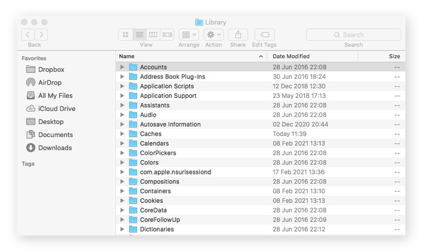 Screenshot of the Library window in Finder, with a list of folders