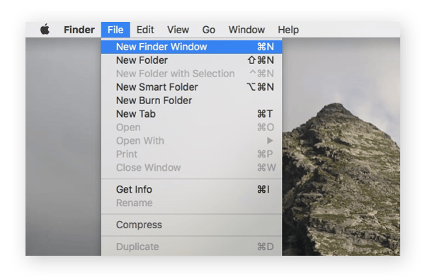 Screenshot of Finder menu bar with the option Open New Finder Window selected in the File dropdown menu