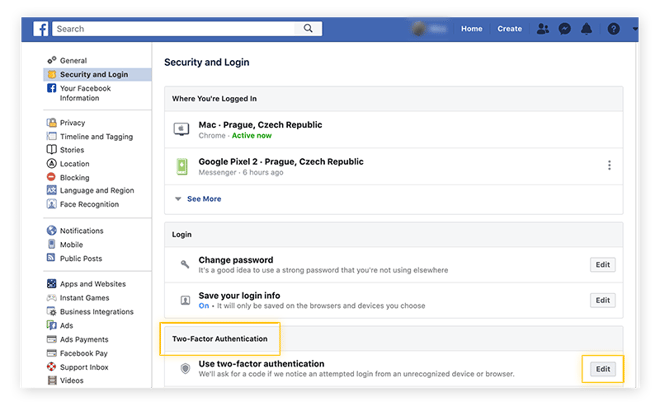 Acceder a la configuración de seguridad e inicio de sesión de Facebook en un ordenador de escritorio.