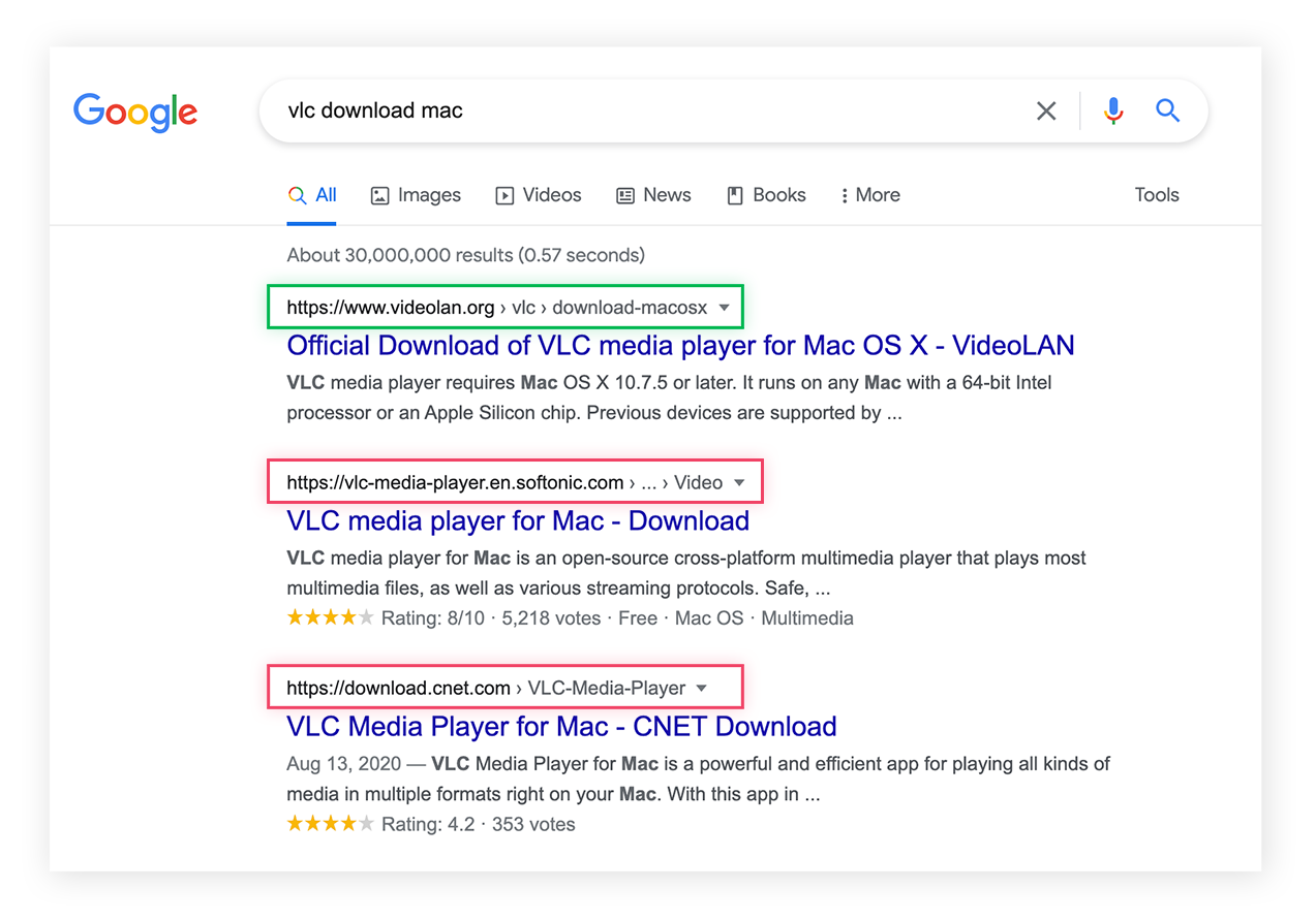Search results showing third-party download sites, which may bundle software with PUPs.