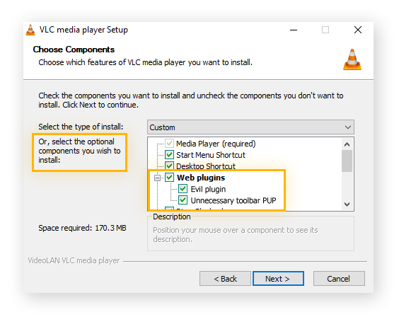 Una finestra di download VLC che mostra PUP facoltativi