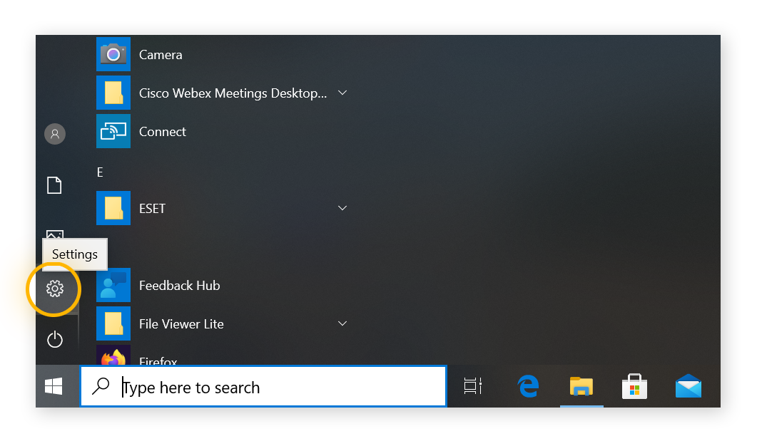 Windows menu opened by clicking on windows icon, settings icon is selected from the open windows menu
