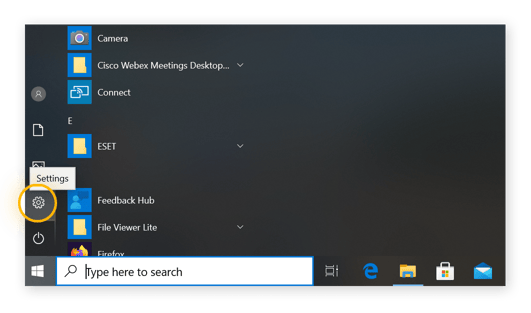  Menu Windows ouvert en cliquant sur l'icône windows, l'icône paramètres est sélectionnée dans le menu Ouvrir windows
